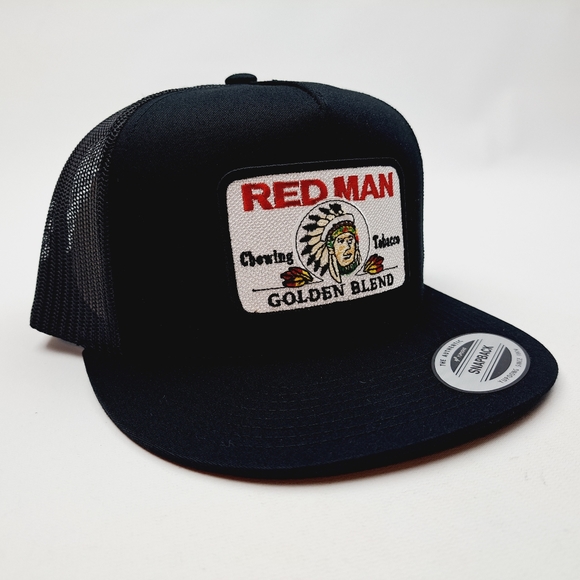 Red Man Tobacco Patch Flat Bill Mesh Trucker Snapback Hat Cap Black - Picture 3 of 4